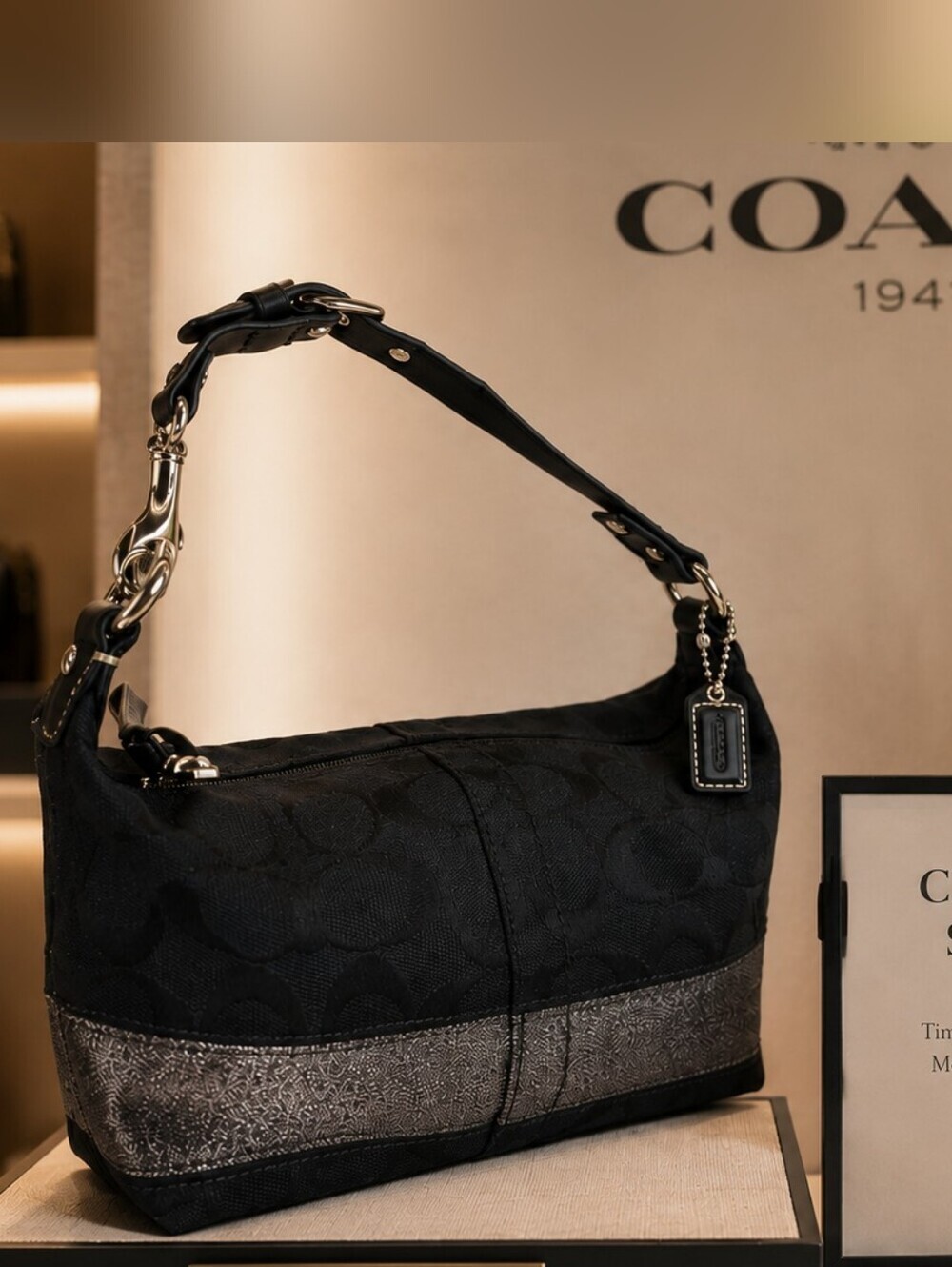 Coach Y2K Signature Black Canvas Hobo with Metallic Accent Stripe Hand Bag